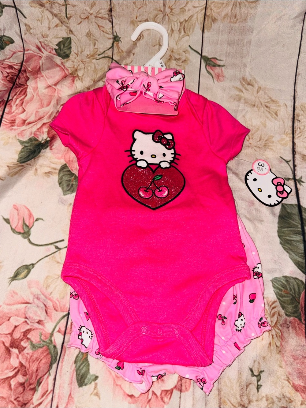 Hello Kitty Baby Girl Clothes 3Pc Pink Outfit Cherries Glitter Heart 12 Months